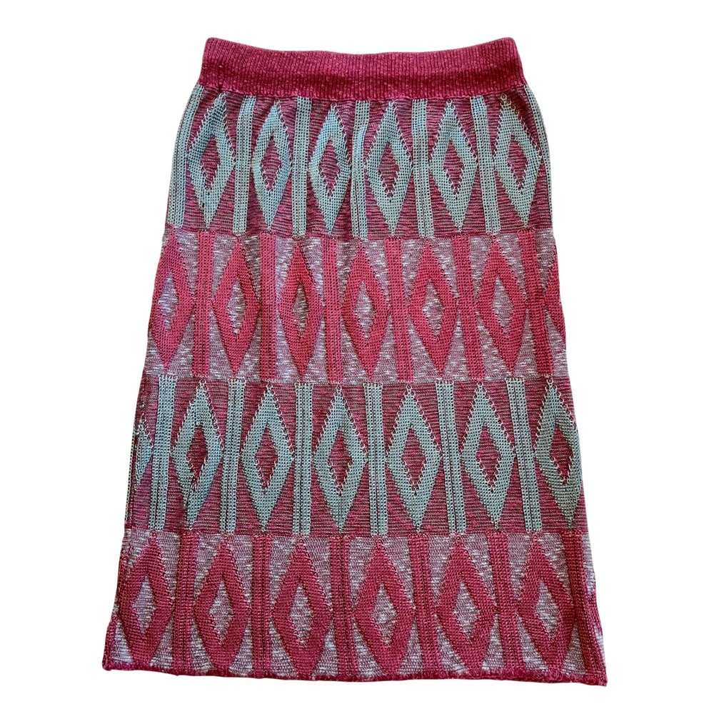 Vintage Geometric Diamond Knit Retro Raspberry Aqua Union Made Midi Skirt Size M